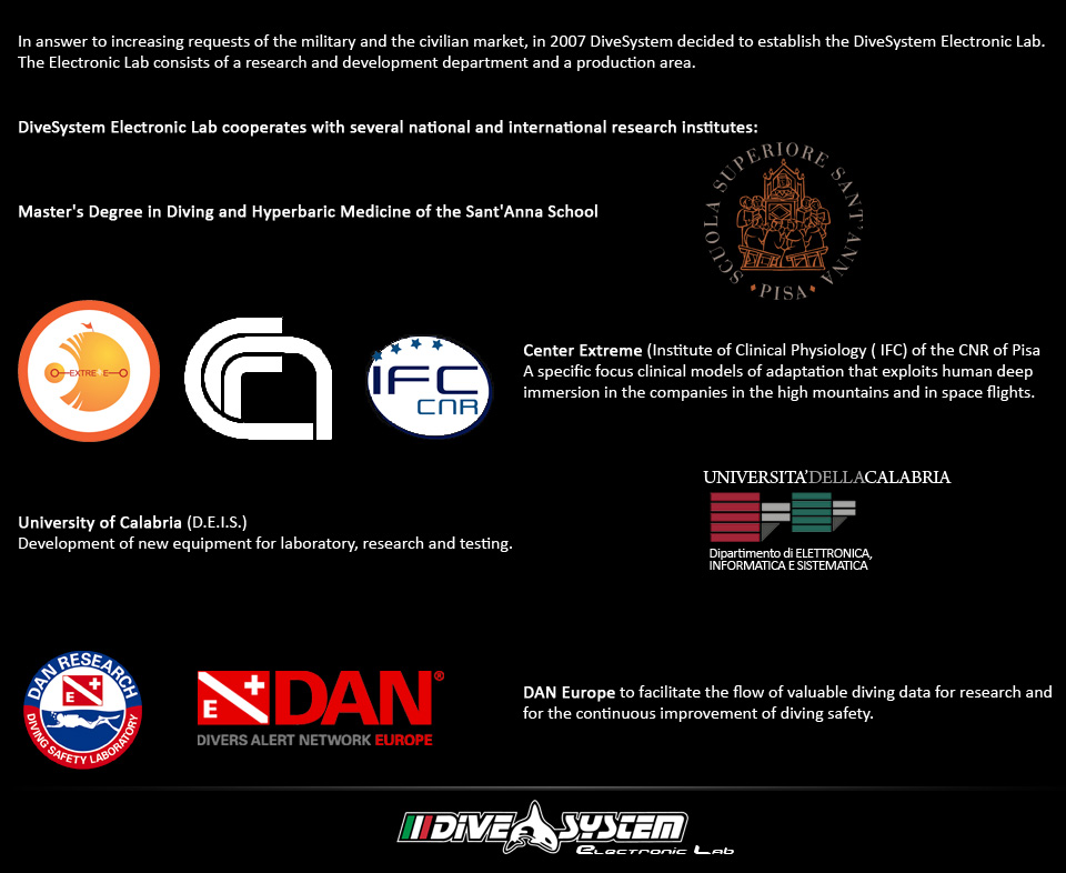 Rispondendo alle richieste sempre più pressanti del mercato civile e militare, nel 2007 DiveSystem decide di istituire, all interno del proprio stabilimento, il DiveSystem Electronic Lab.
Un dipartimento composto da un laboratorio di ricerca e sviluppo e da un reparto di produzione.

Il DiveSystem Electronic Lab collabora con vari Istituti di ricerca nazionali ed internazionali:

Divisione Alta Formazione della Scuola Superiore Sant Anna di Pisa (Master Universitario di II livello in Medicina Subacquea ed Iperbarica.
Centro Extreme (Istituto di Fisiologia Clinica del CNR e Università di Pisa), studio orientato ad un preciso focus clinico che sfrutta modelli di adattamento dell'uomo nell'immersione profonda, nelle imprese sportive estreme e nei voli spaziali.
Università della Calabria (D.E.I.S. Dipartimento di elettronica, informatica e sistemistica) per lo sviluppo di nuovi strumenti di laboratorio, ricerca e testing
DAN Europe per il continuo miglioramento della sicurezza dei computer subacquei di ultima generazione. Per favorire l afflusso di preziosi dati d immersione ogni DiveSystem DivingComputer rispetta gli standard DL7 del DAN Safety Laboratory