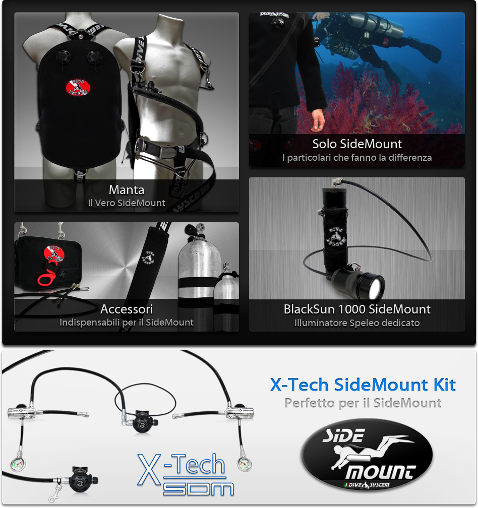 La gamma dei prodotti divesystem dedicata al sistema sidemount: il sidemount manta, la solo sidemount la blacksun sidemount e tutti gli accessori indispendabili.